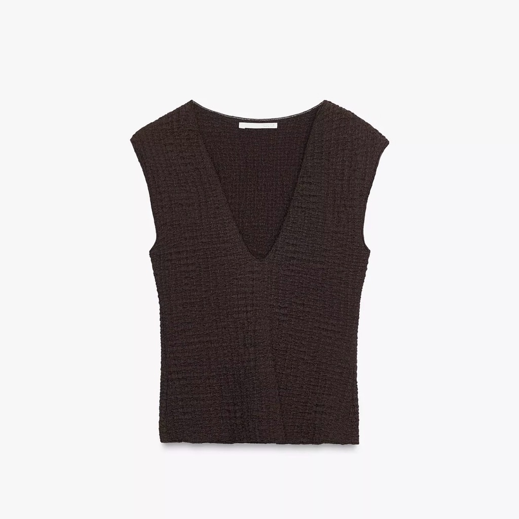 Zara Textured Chocolate Brown Sleeveless V-Neck Top